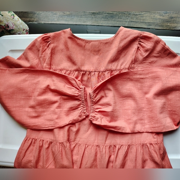 Tiered Lace-Up Mini Swing Dress Eyelet Floral Hem Coral Long Sleeve M. - Picture 7 of 17